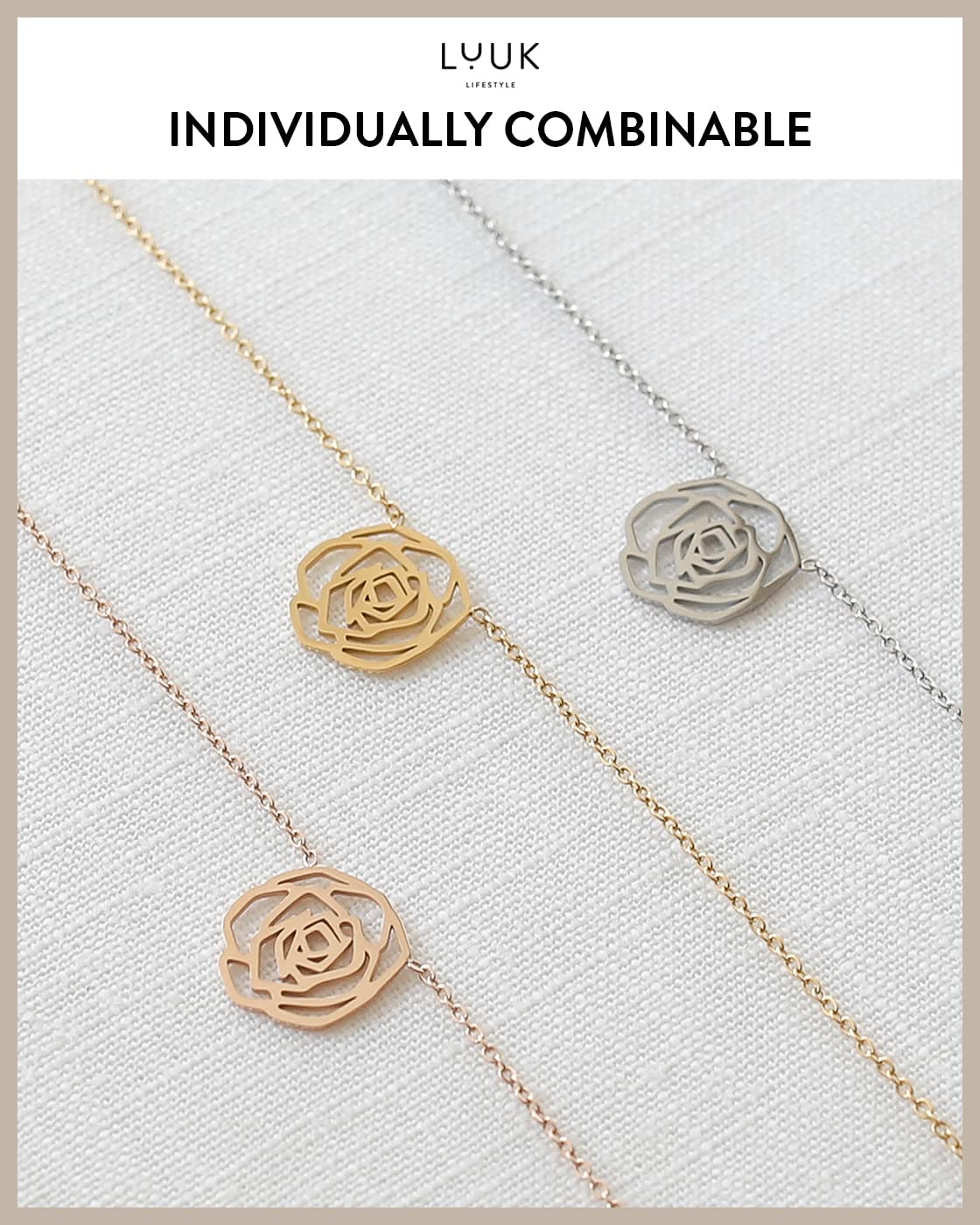 LUUK LIFESTYLE Stainless steel necklace for women with rose flower pendant and HAPPINESS gift card, trendy chic style, modern and minimalist fashion accessory for her, birthday present, gold