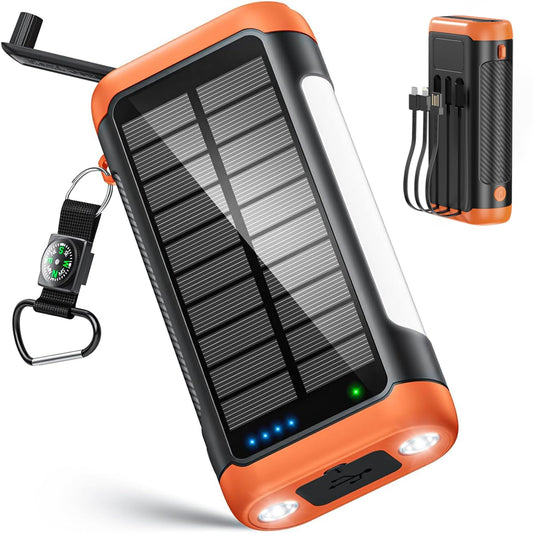 Djkk Solar Power Bank Portable Charger:66800Mah Built In Hand Crank And 3 Cables 22.5W Fast Charging Phone External Battery Pack
