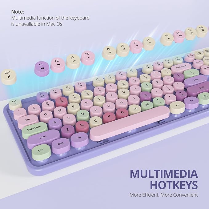 Owpkeenthy Purple Keyboard and Mouse Wireless, Cute Retro Full-Size Cordless Keyboard with Number Pad 2.4 GHz Wireless USB Receiver for Computer/Laptop/Windows/Mac(Coloful Purple)