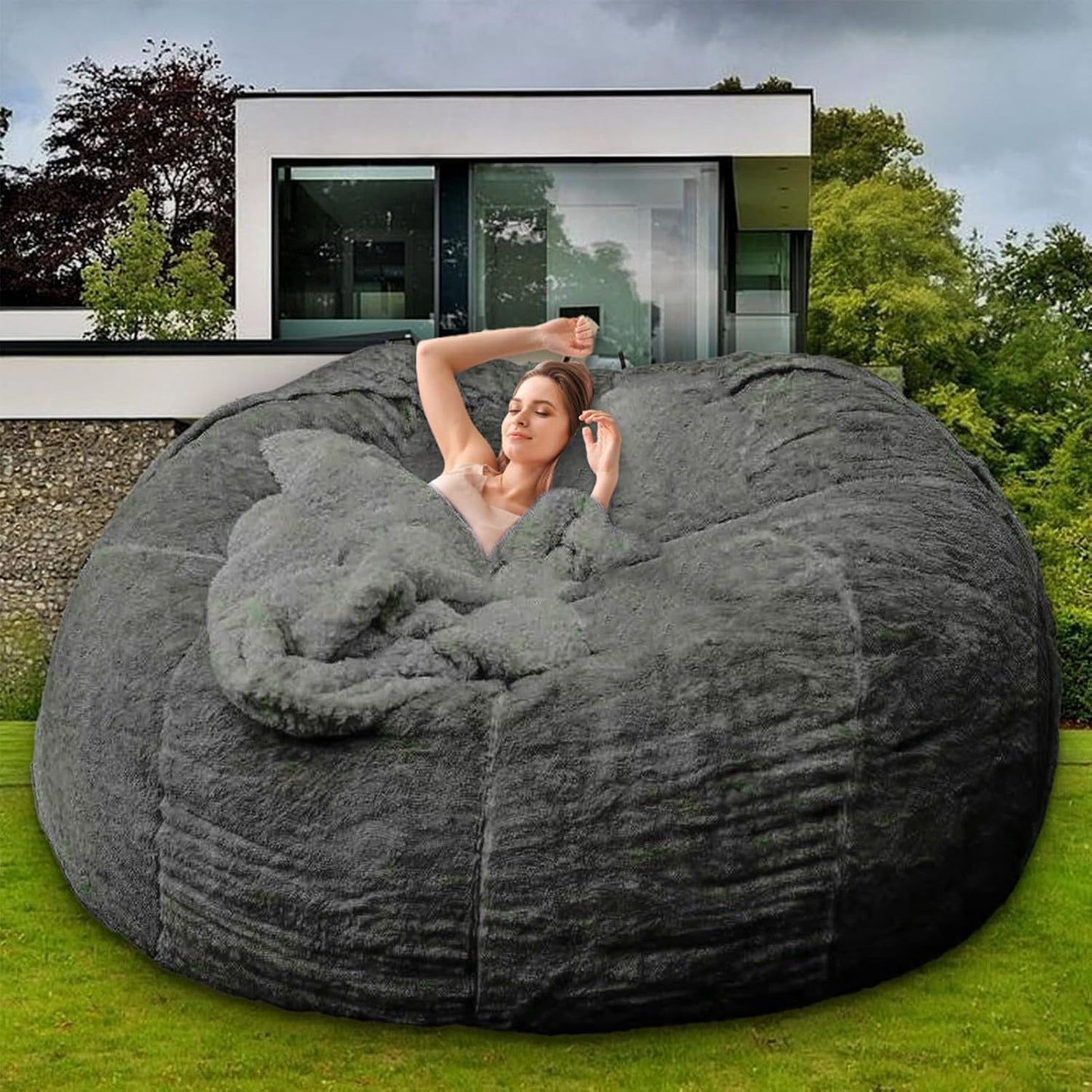 Bean Bag Chair for Adults Kids Without Filler Fluffy Comfy Giant Round Beanbag Sofa Chair Cover for Stuffed Animal Storage Living Room, 5FT, Dark Grey