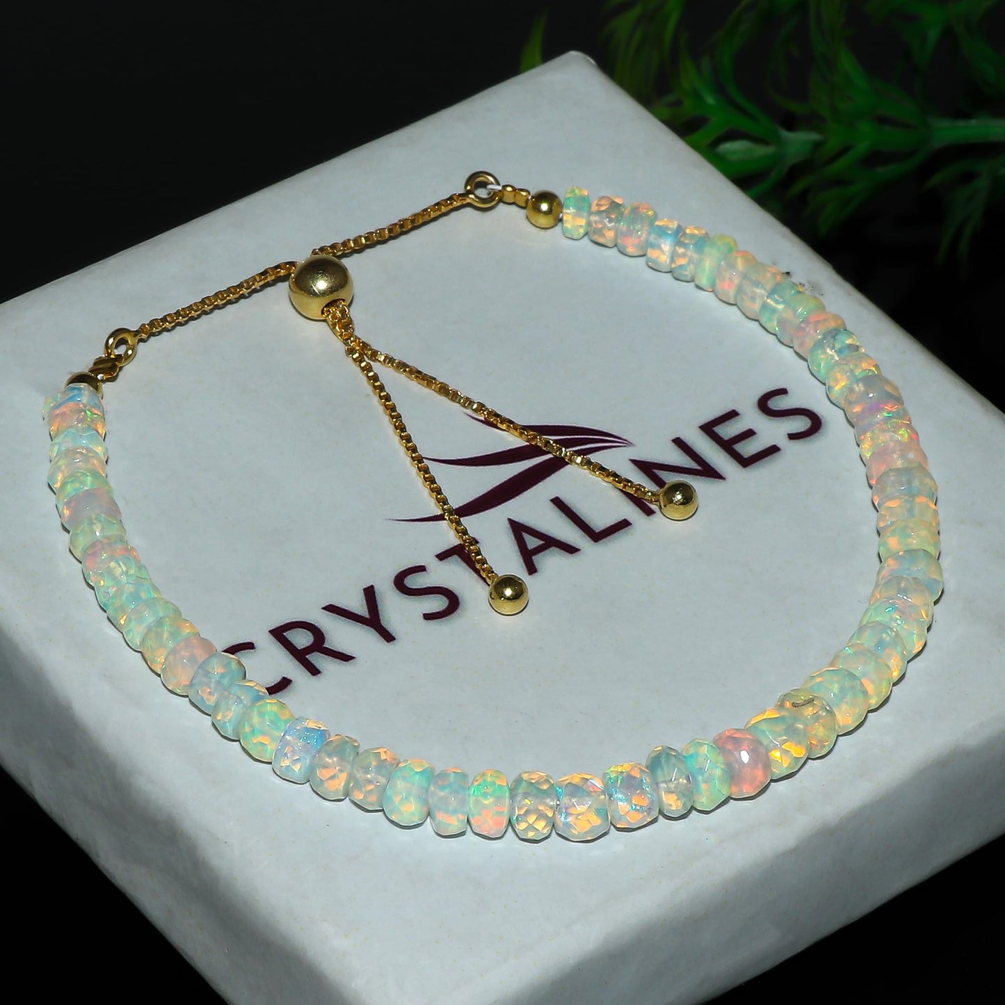 CRYSTALINES Natural Ethiopian Opal Gemstone Bolo Bracelet, 14K Gold Plated Dainty Bracelet, Handmade Boho Jewelry, Chakra Healing Crystals, October Birthstone, Adjustable Chain, Gift for Her, 10inch