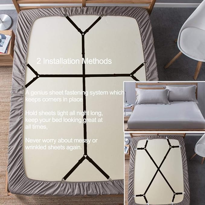 2Pcs Bed Fitted Sheet Straps Clips, Adjustable Crisscross Sheets Clip Holder Fasteners Suspenders for Mattress Cushion Cribs Elastic Sheet Strap Fitted Sheet Corner Holder (Black)