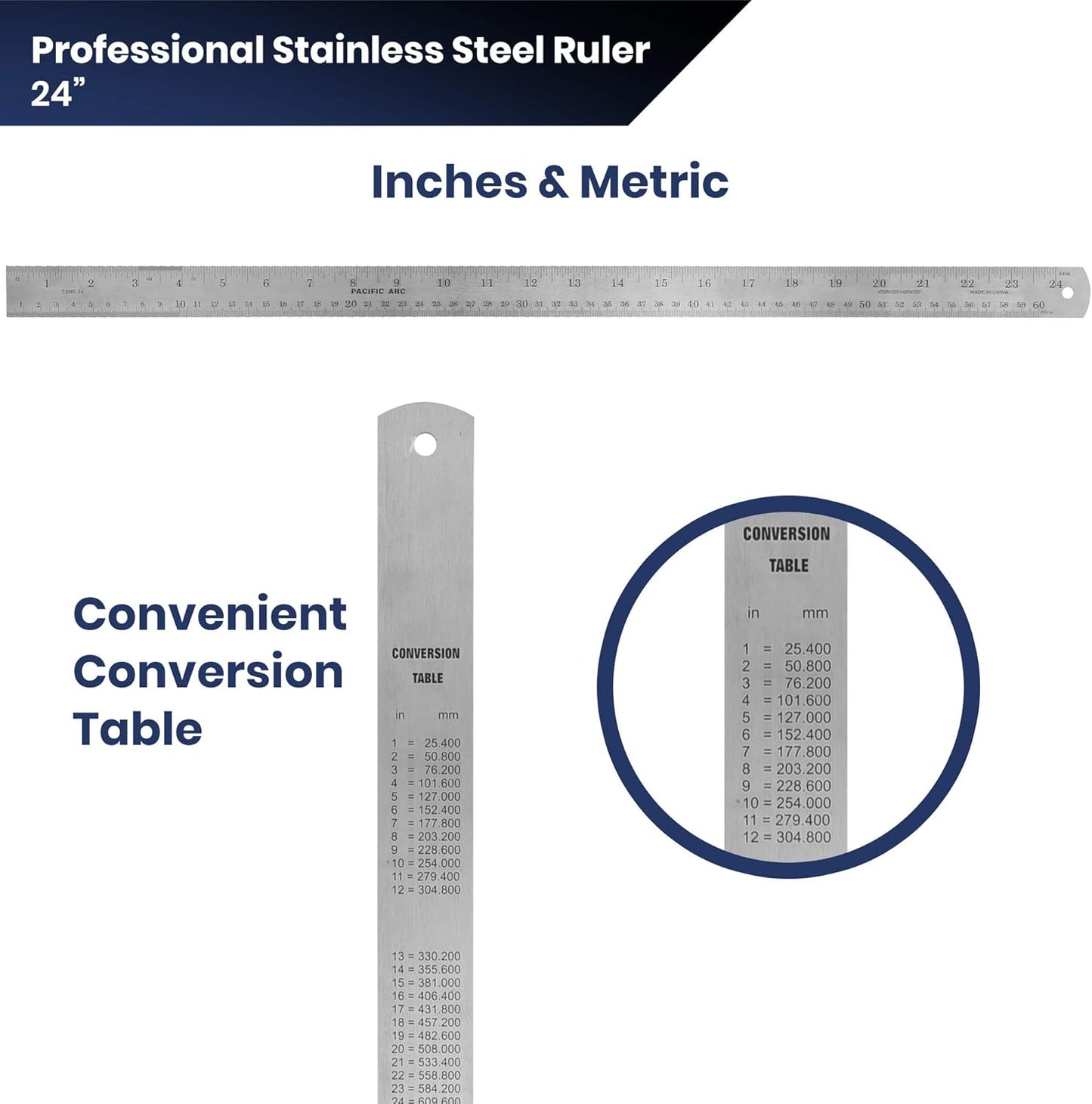 Pacific Arc 24 Inch Stainless Steel Ruler with Inch/Metric Conversion Table