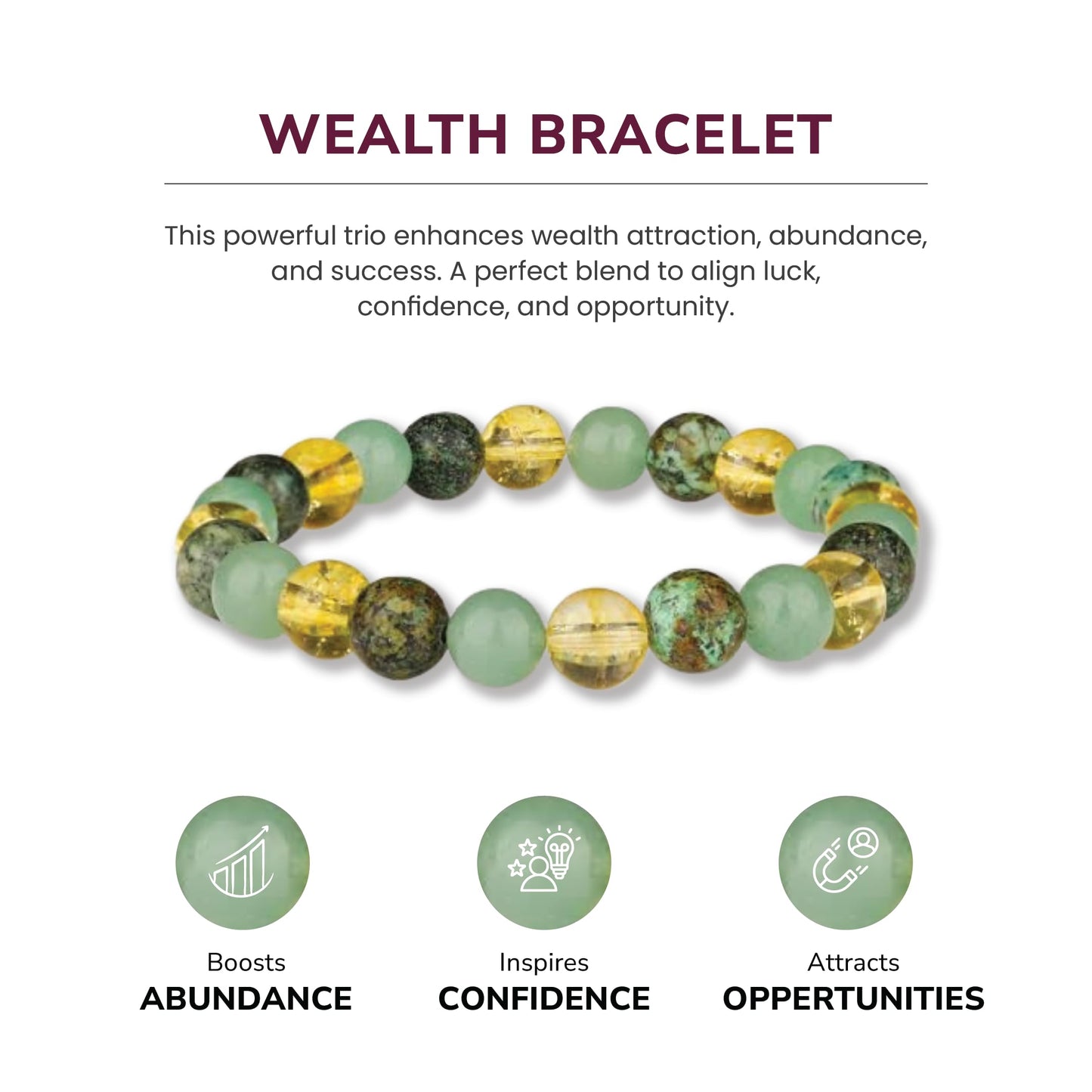 Crystal Vibe Extra Strength Wealth Bracelet - Money Bracelet for Prosperity - Citrine, Green Aventurine and African Turquoise Beaded Bracelet for Women Men - Adjustable Size