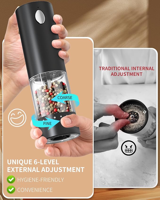 CIRCLE JOY Electric Salt and Pepper Grinder Set Automatic Salt and Pepper Mills Set with Easy-to-Carry Charging Base and LED Light, USB Rechargeable, Upgrade External Adjustable Coarseness