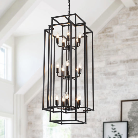 Xuridongsheng 15-Light Lantern Chandelier for Foyer Large Black High Ceiling Chandelier with 3-Tier Candle Design, Modern Farmhouse Entryway Lighting Fixture for Staircase, Two Story Living Room, E12