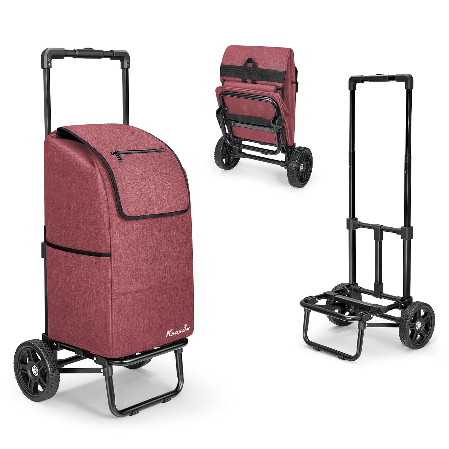 KEDSUM 2 in 1 Shopping Carts for Groceries, 330 lbs Grocery Cart on Wheels, Foldable Utility Carts with Wheels, Load-Bearing Hand Truck with Waterproof Bag for Shopping, Camping, Laundry, Garden, Red
