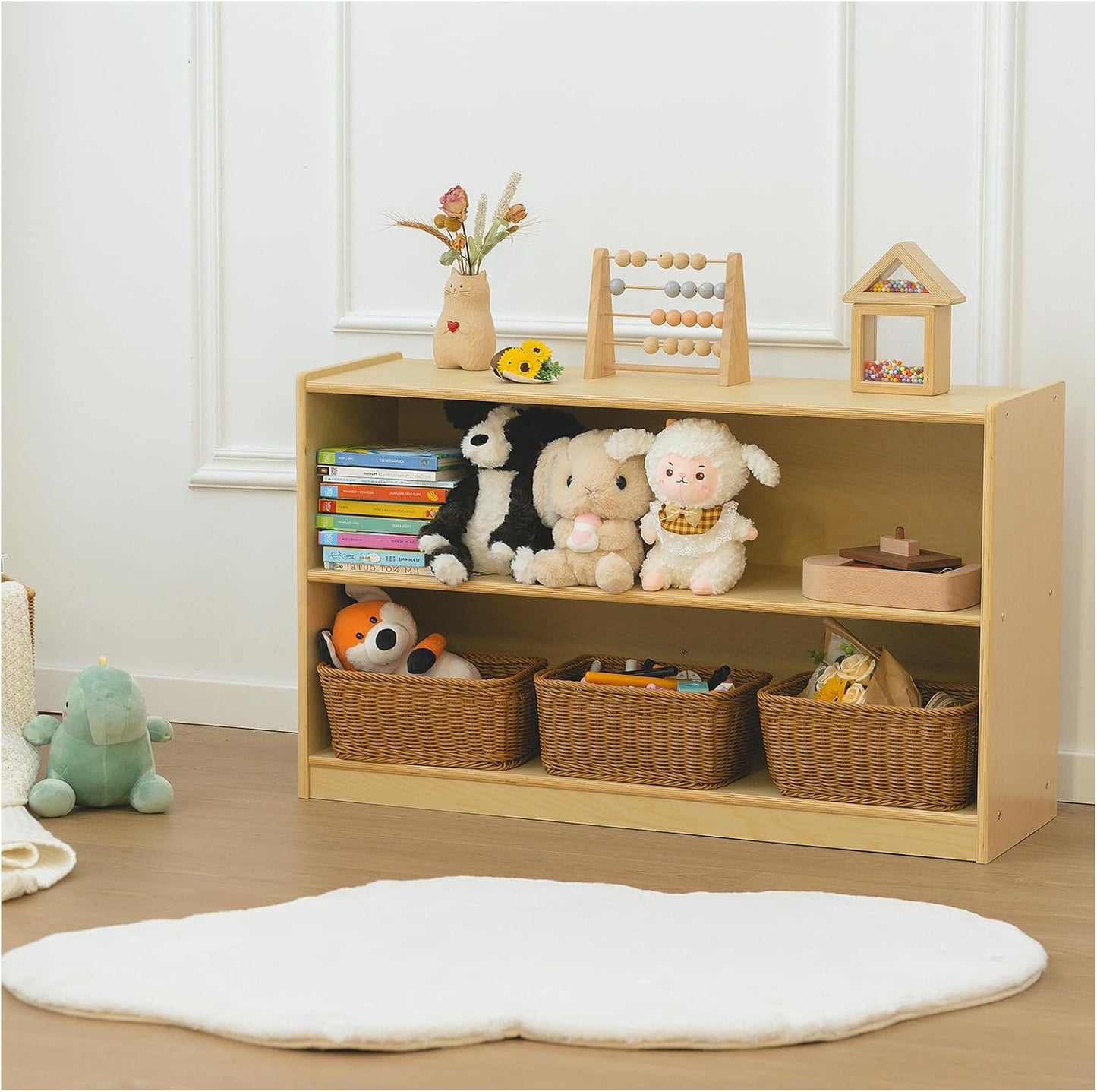 Kids Bookshelf and Toy Storage Shelf, Wooden Montessori Bookshelf, 2-Tier Toy Shelf, 24in Birch Children Bookcase, Classroom Furniture, Book Shelf for Kids Room, Nursery, Playroom