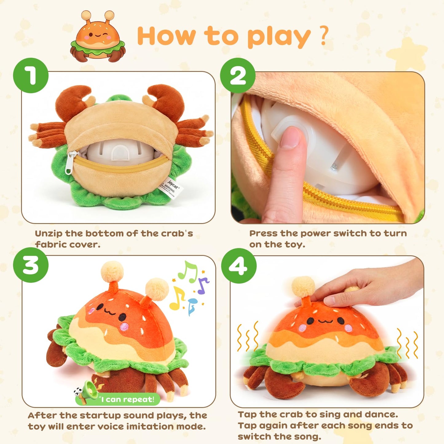 JoyCat Baby Toys 0-18 Months, Musical Crawling Crab Plush Toy - 38 Songs & Recording Feature, Bouncing Tummy Time Toy, Sensory Toys with Crinkle & Textures for Newborn Boys Girl Shower Gifts