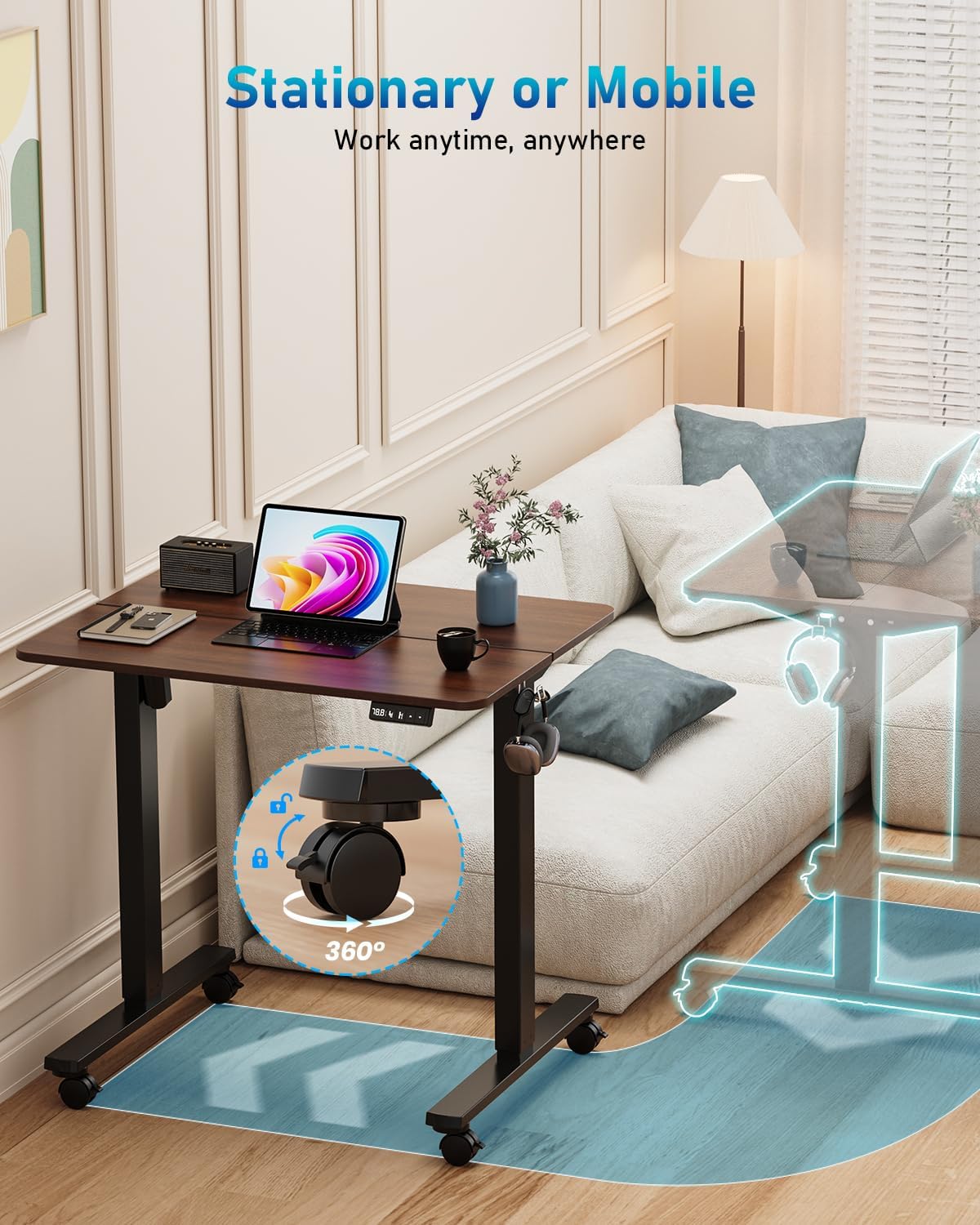 Small Height Adjustable Electric Standing Desk, 31.5" x 23.6" Sit Stand up Desk with Splice Board, Ergonomic Rising Computer Home Office Desk Table with Memory Preset, Black Frame/Walnut Top