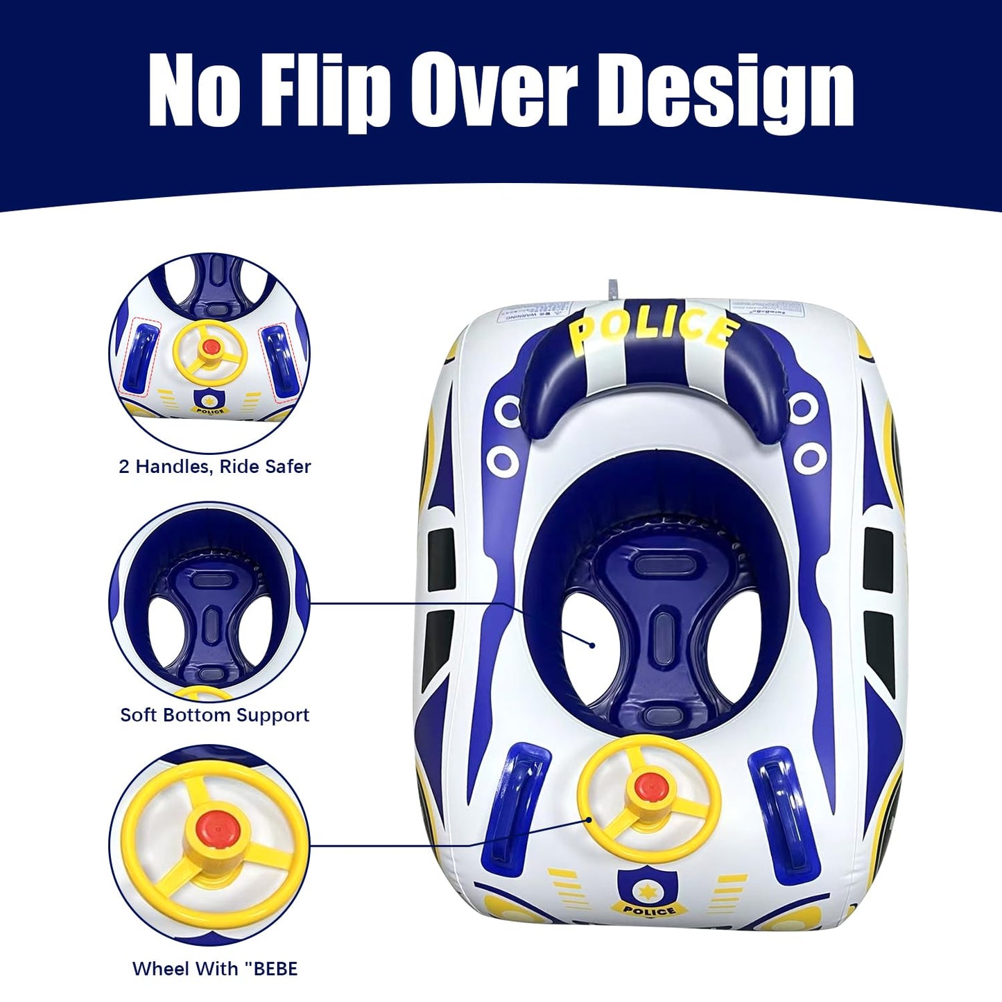 Police Car Toddler Pool Float, Inflatable Baby Pool Floaties, Baby Swim Floats with Handle and Safety Seat Pool Floatie Toys for Boys Girls Kids 1, 2, 3, 4, 5 Years Old (Blue Yellow)