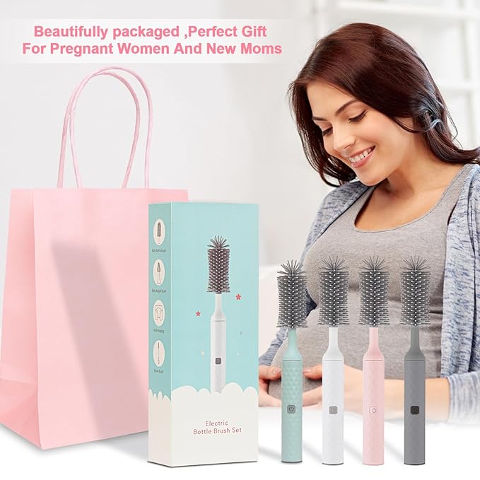 Electric Baby Bottle Cleaner Kit with Rechargeable Electric Bottle Brush Cleaner, 3 Piece Silicone Bottle Brush and Straw Brush, Multipurpose Automatic Bottle Cleaner, Pink