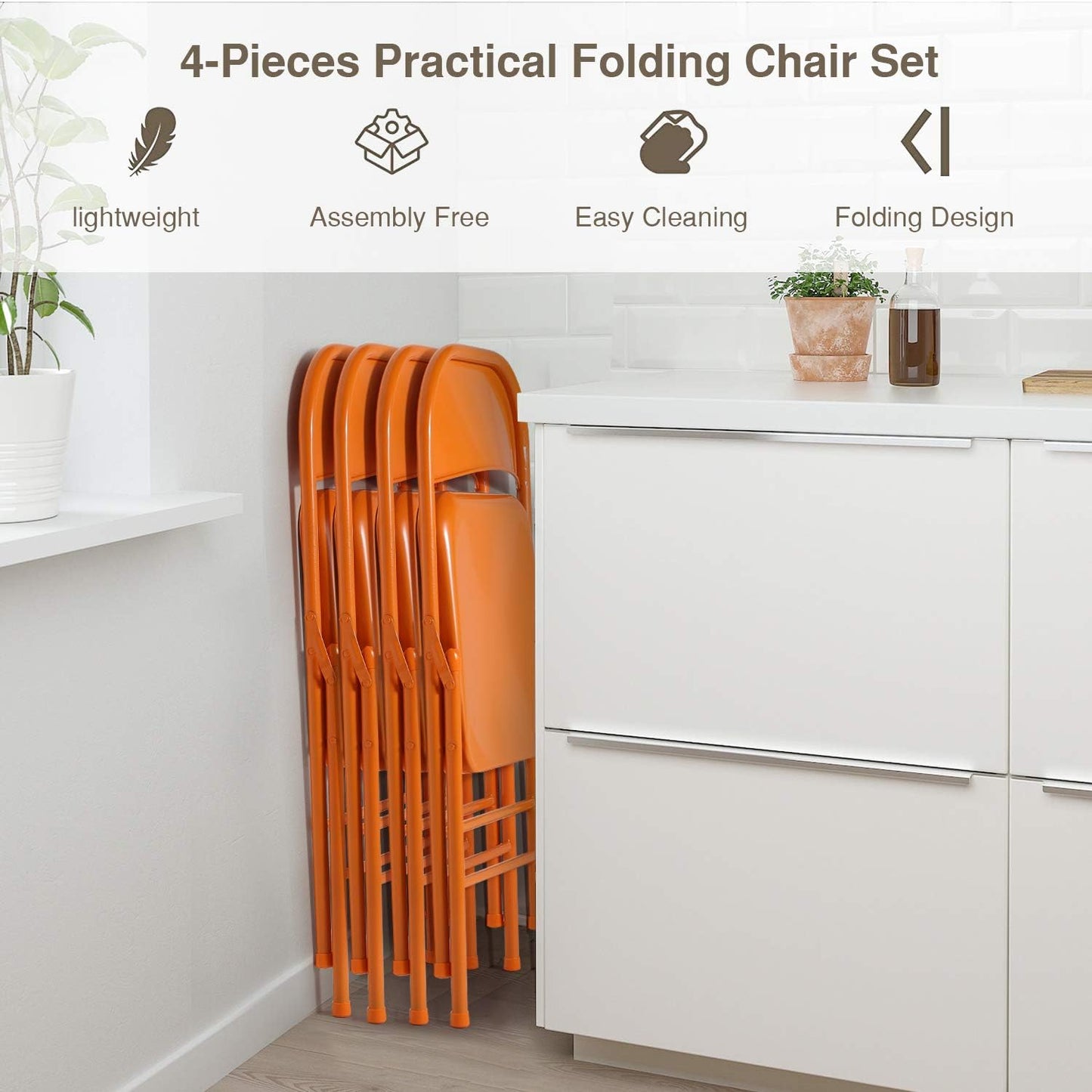 VECELO Metal Frame Steel Folding Mounted Chairs with Triple Braced & Double Hinged Back for Home Office,350-Pound Capacity,Orange, Pack of 4