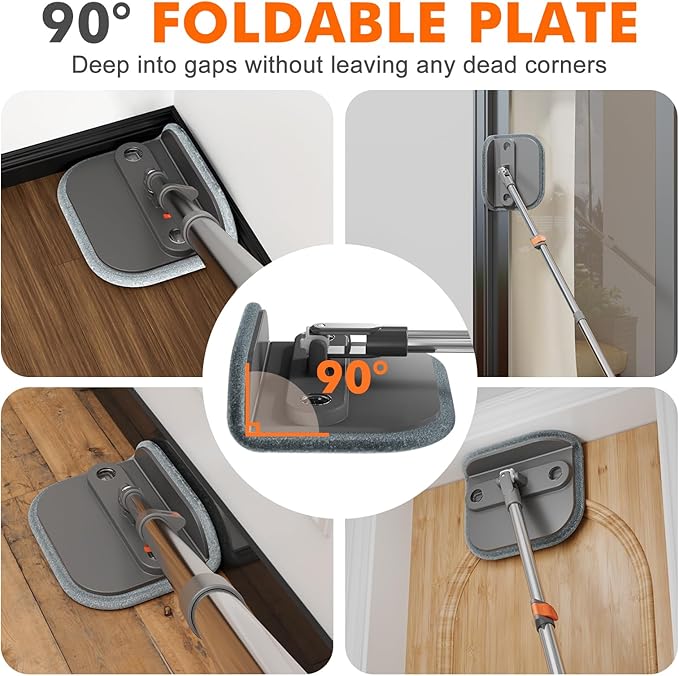 Upgraded Self-Standing Spin Mop and Bucket System, Detachable Inner Mop Bucket Separates Dirty Water & 90° Foldable Head, Triple-Scrub System, 0.9Gal Dual Drainage, for Hardwood Floors (Gray 2 Pads)