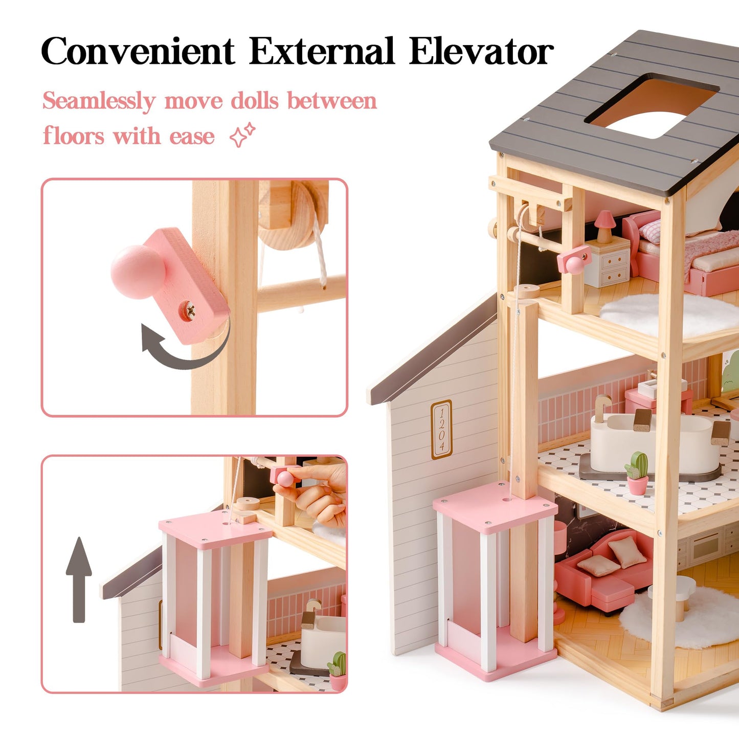 ROBUD Doll House, Wooden Dollhouse with 6 Rooms, 29-pcs Furniture Set, Working Elevator, Garage, Swimming Pool, Ideal Gift for Kids Ages 3+ (Black)
