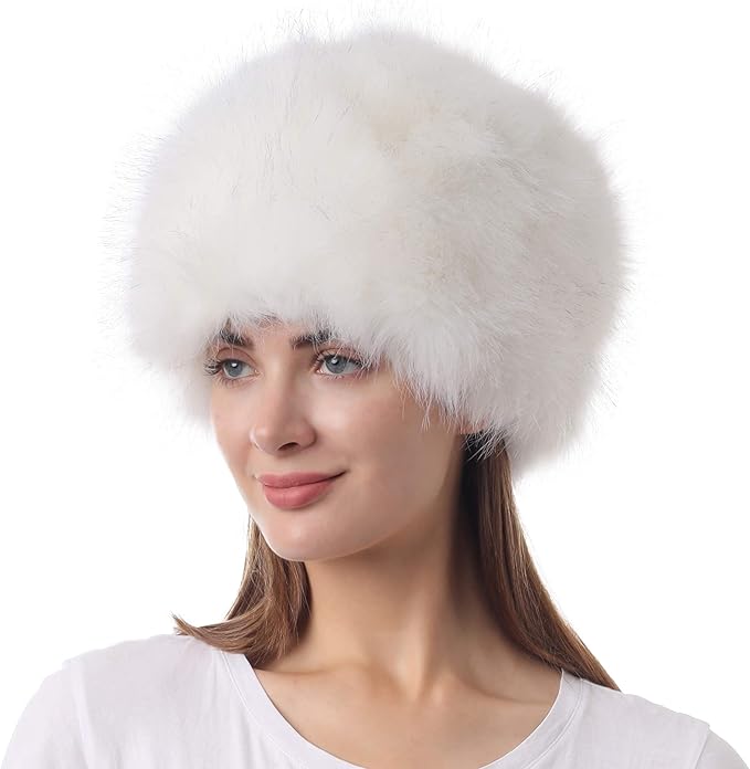 LA CARRIE Women's Faux Fur Hat for Winter with Stretch Cossack Russian Style White Warm Cap