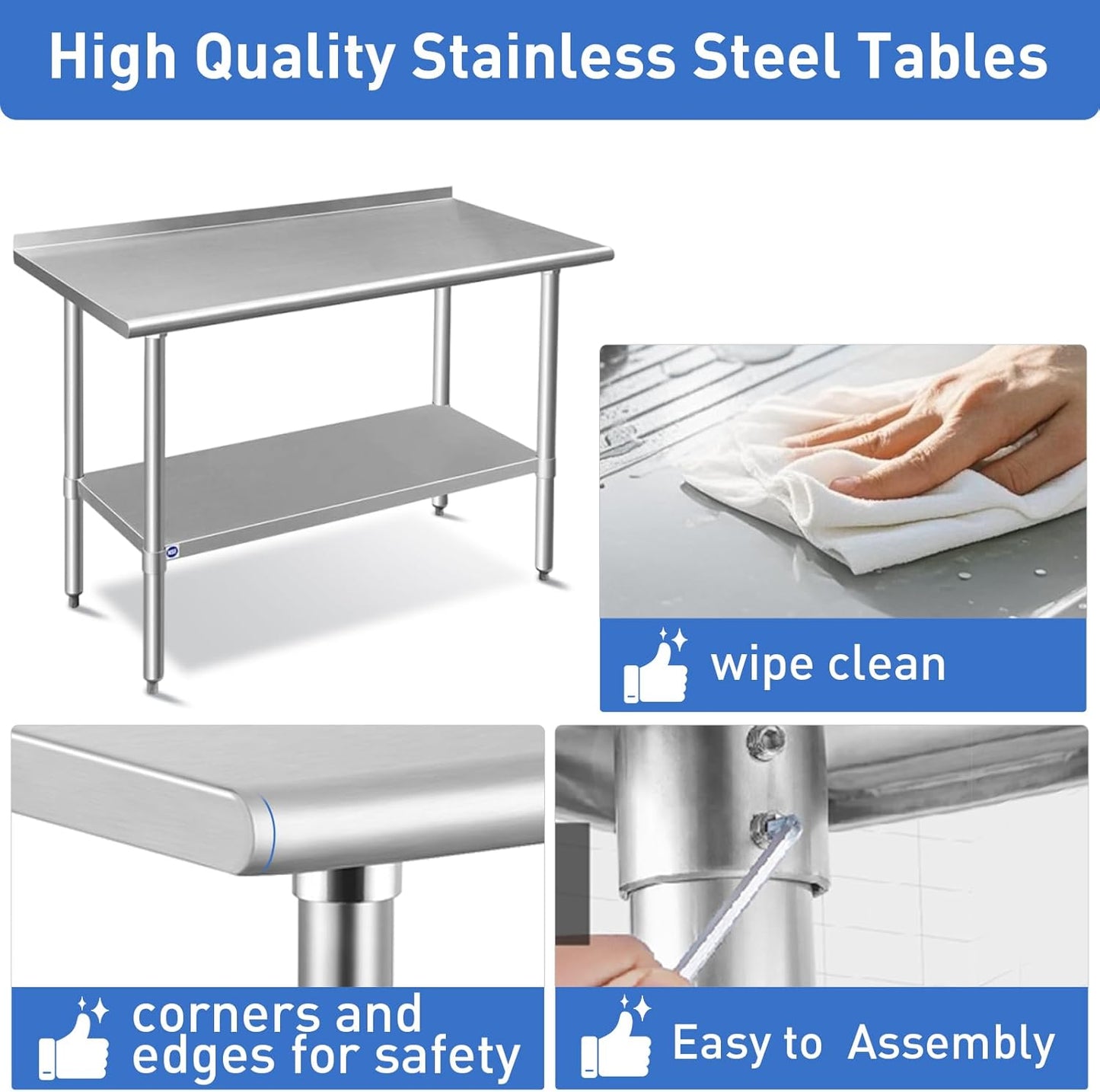ROCKPOINT Stainless Steel Table for Prep & Work with Backsplash 24x72 Inches, NSF Metal Commercial Kitchen Table with Adjustable Under Shelf and Table Foot for Restaurant, Home and Hotel