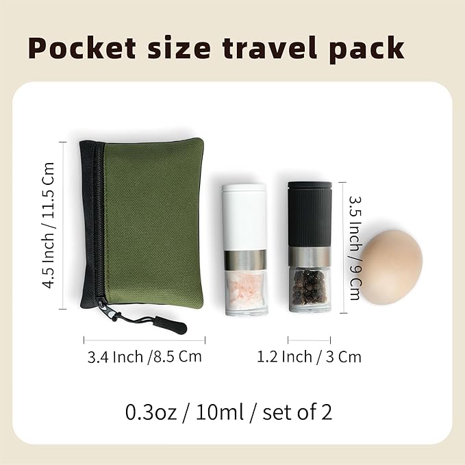 Mini Travel Portable Salt and Pepper Grinder Set, 2-Piece Ceramic Mill with Adjustable Coarseness, Compact Design with Carrying Bag (3.4oz) (Black&White)