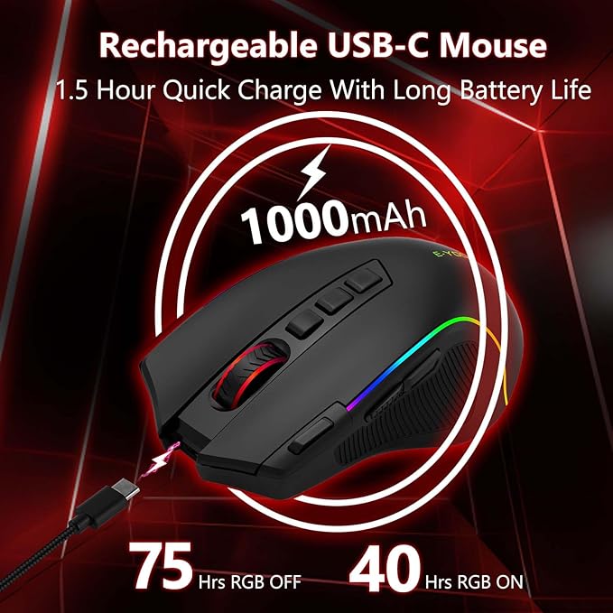 Premium Wireless Bluetooth Versatile Mouse,8000 DPI,6 RGB Backlit,USB C Rechargeable,Ergonomic,2.4G/BT/Wired,Rapid Fire Key,75-Hour Power Capacity,Ideal For Gaming/Office/Home/PC Computer/Laptop/Mac