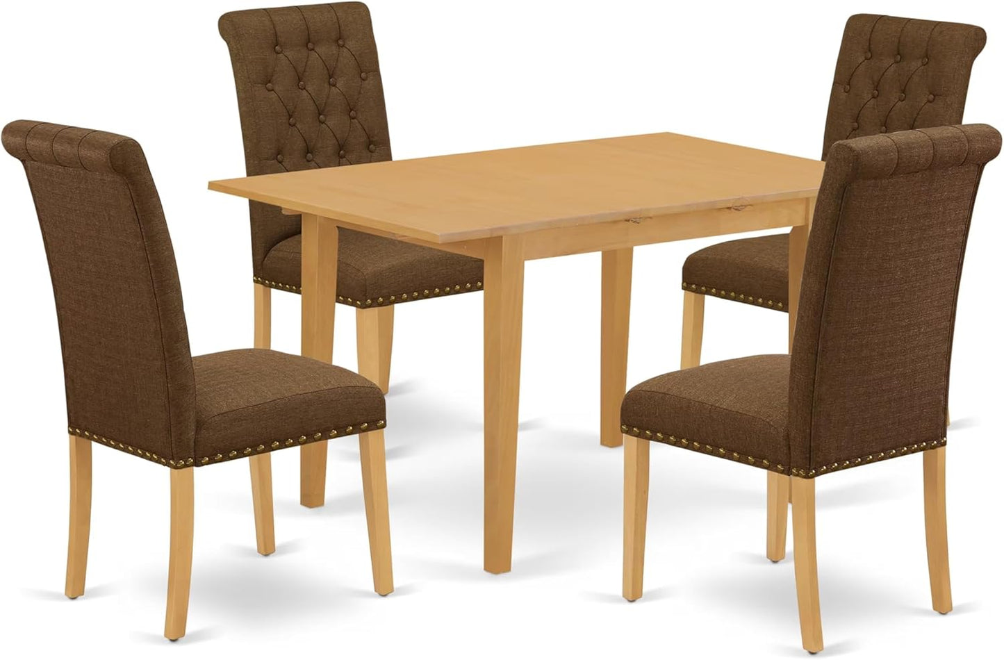 East West Furniture NOBR5-OAK-18 5 Piece Dining Room Table Set Includes a Rectangle Kitchen Table with Butterfly Leaf and 4 Brown Linen Linen Fabric Parson Chairs, 32x54 Inch, Oak