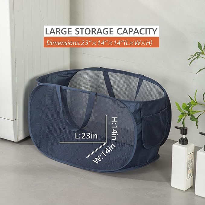 HONOMA Sturdy Mesh Laundry Hamper Basket Bag,Pop up Basket with Side Pocket for Laundry Room, Bathroom, Kids Room, College Dorm or Travel (Pop Horizontal, Black)