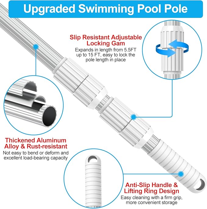 YEECHUN Professional 15 Foot Swimming Pool Pole Telescopic Aluminum Fits Pool Net Skimmer Rake Vacuum Head Brush Cleaning Equipment Heavy Duty,for Skimmer Nets, Vacuum Heads and Brushes