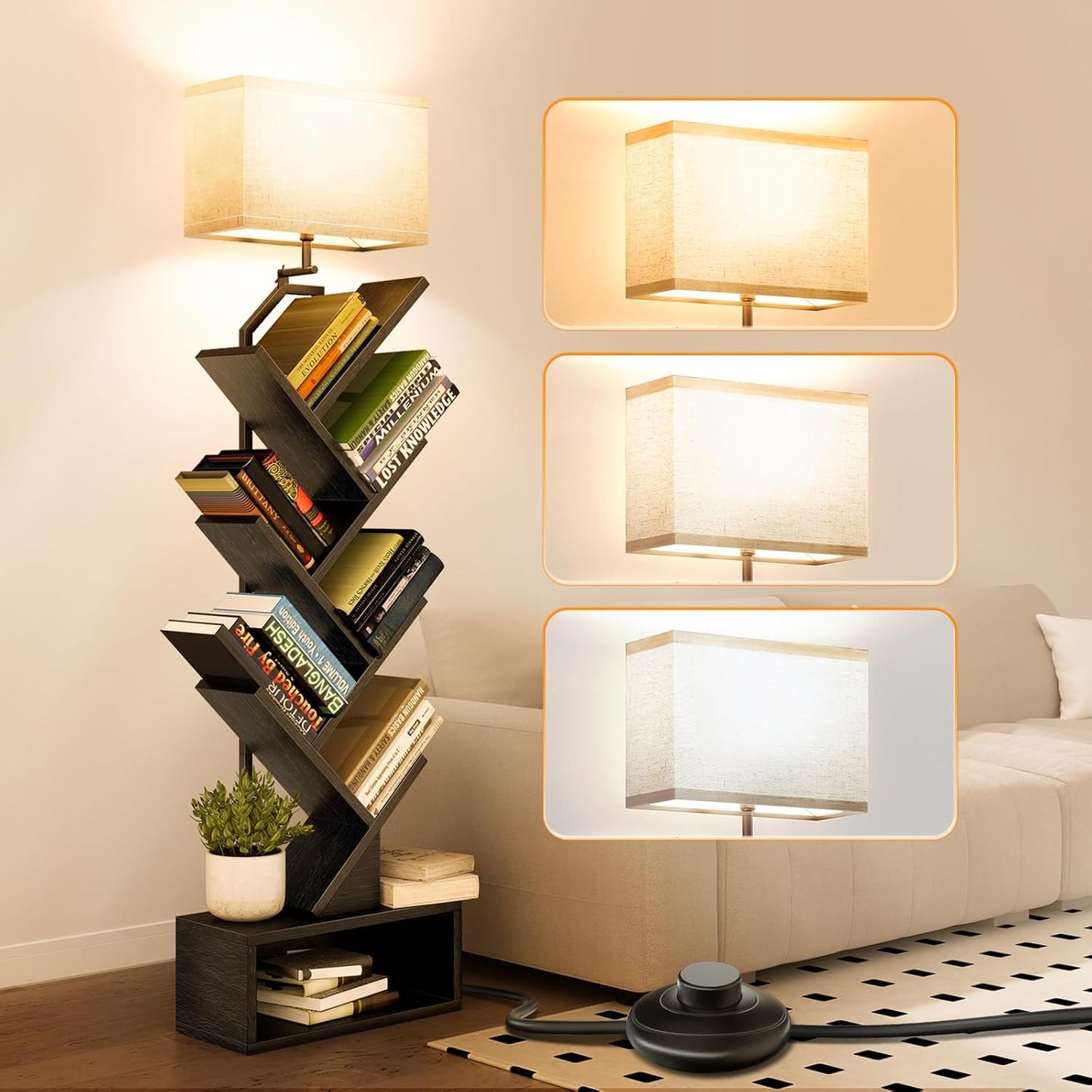 addlon 6-Tier Tree Bookshelf, Steel&Wood Corner Shelf with 3CCT Bulb,Small Book Shelf for Bedroom, Home Office&Living Room-Rustic Brown-Black Oak