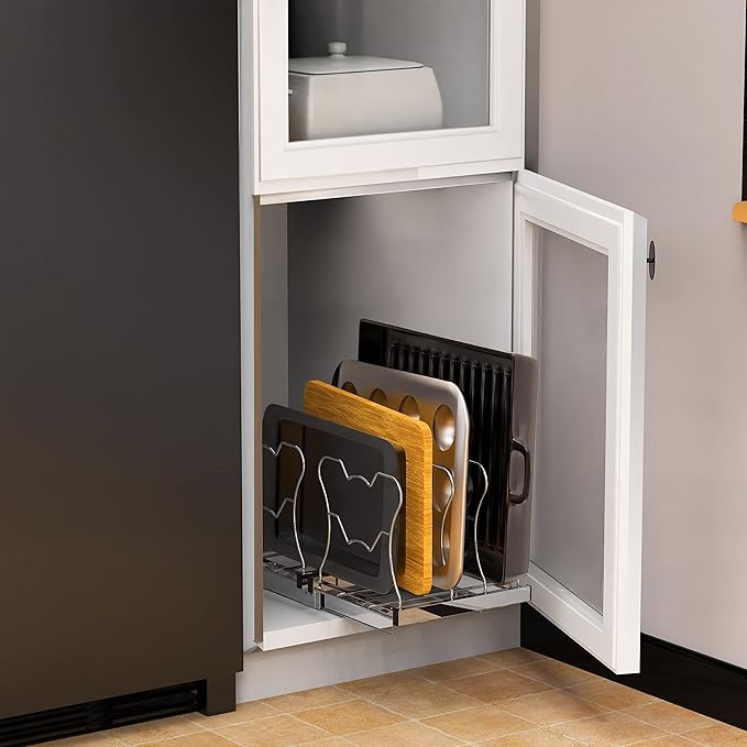 SIMPLE HOUSEWARE Organizer Pull Out Under Cabinet Sliding Shelf for Kitchen,Bathroom, Pantry Pan and Pot Lid, Silver