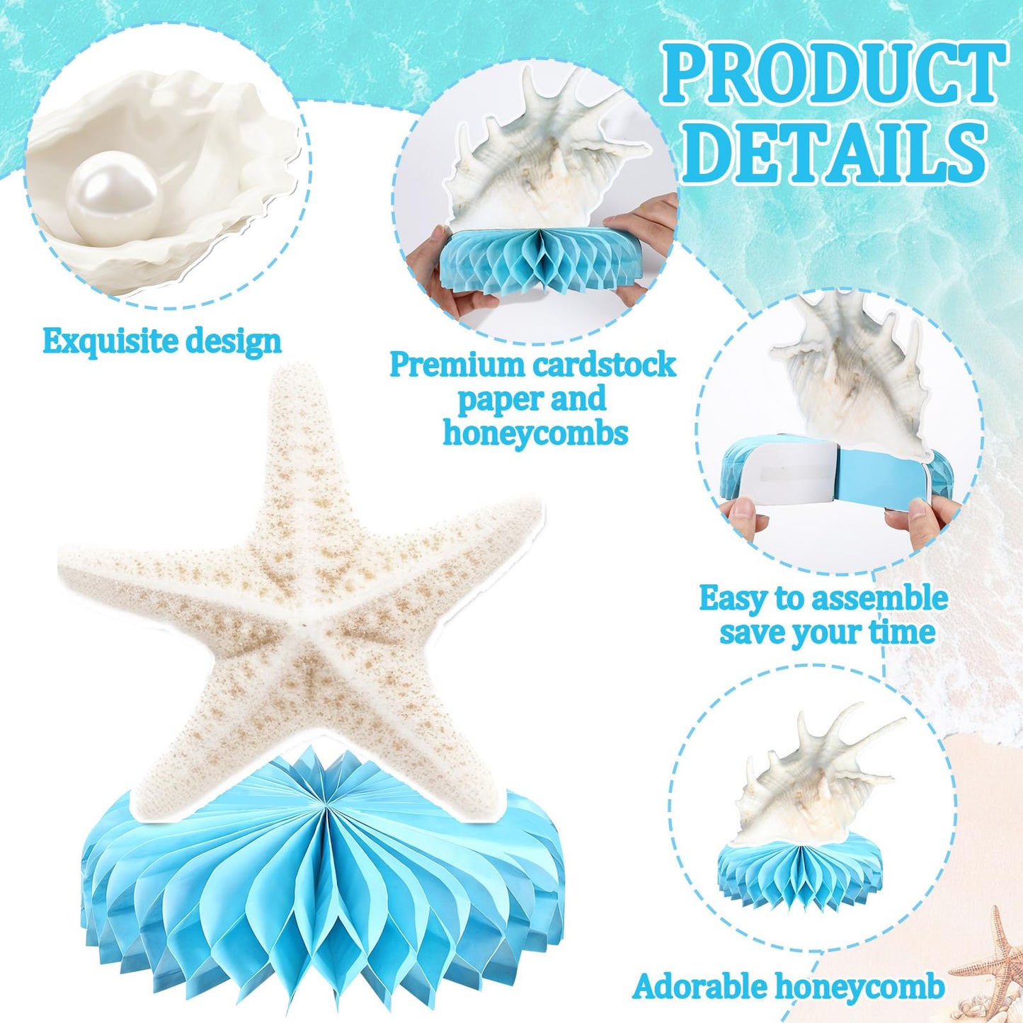 12Pcs Under the Sea Party Honeycomb Decoration Ocean Seashell Centerpieces for Table Coastal Beach Party Table Decoration Seashell Starfish Centerpieces Decor for Nautical Birthday Party Supplies
