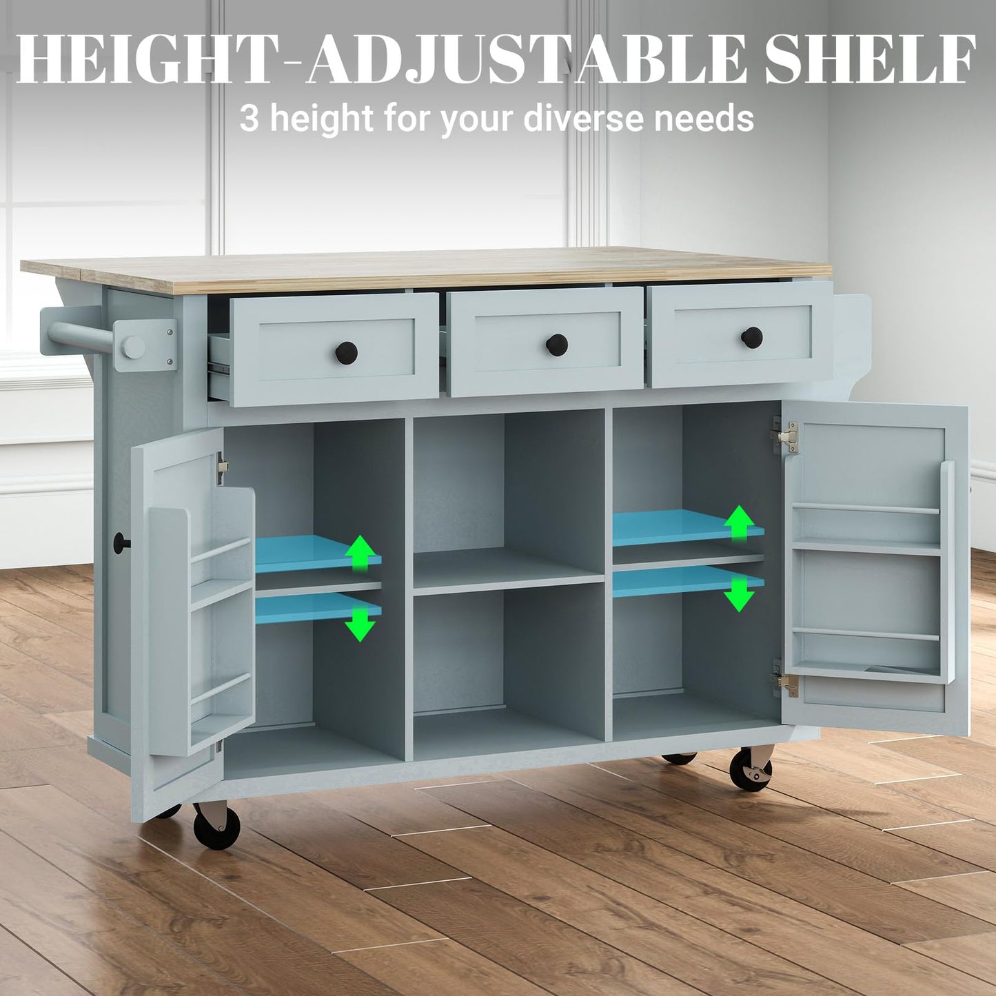Rovibek Kitchen Island with Drawers 53 in Rolling Island Cart Mobile Portable Islands on Wheels Solid Wood Island with Storage Cabinet & Drawers, Blue