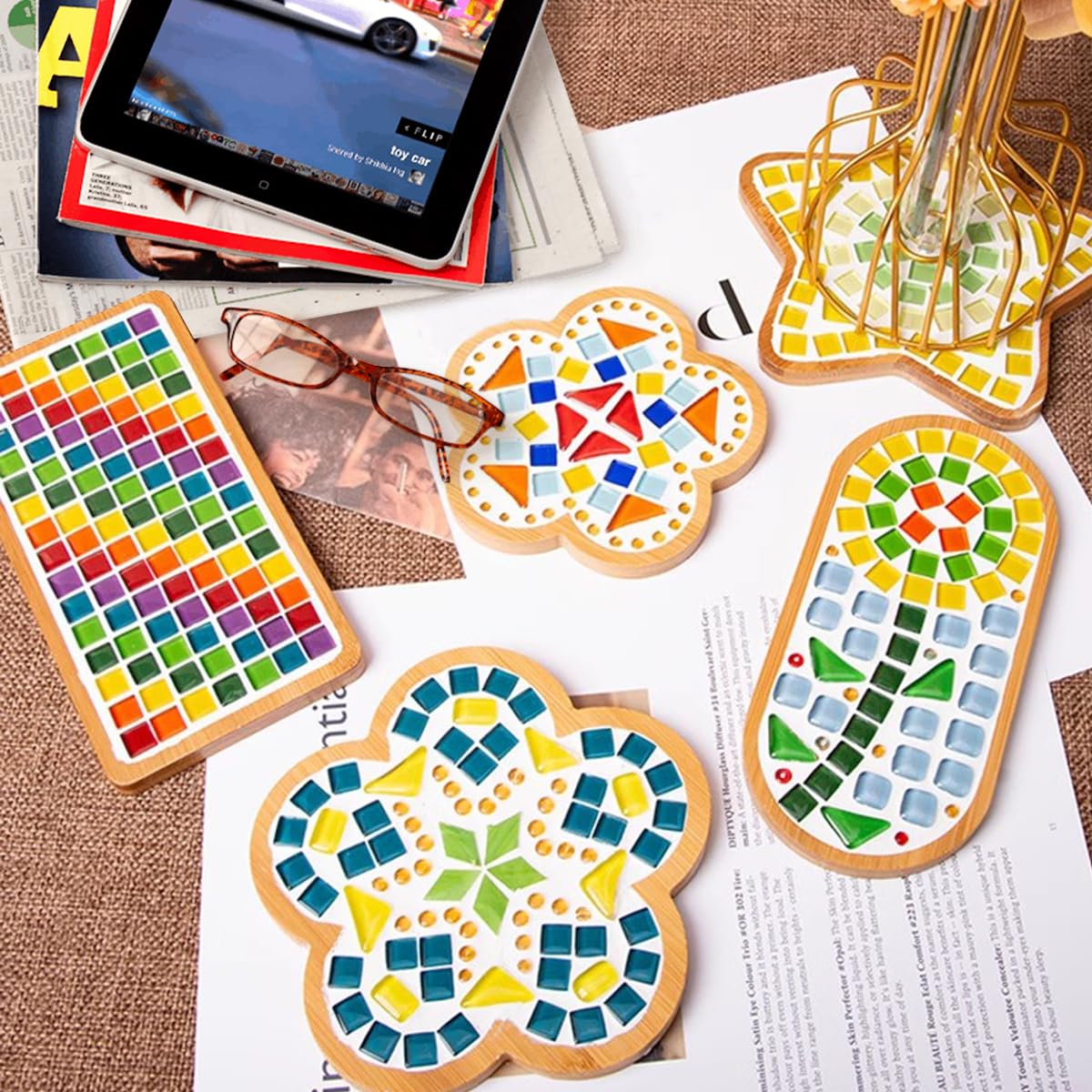 BUYGOO 10Pcs DIY Wooden Mosaic Tiles Coasters Assorted Shapes, Blank Base Trays, Drinking Cup Coaster, Plant Coaster, Art Plate, DIY Mosaic Supplies for Arts and Crafts Home Decor