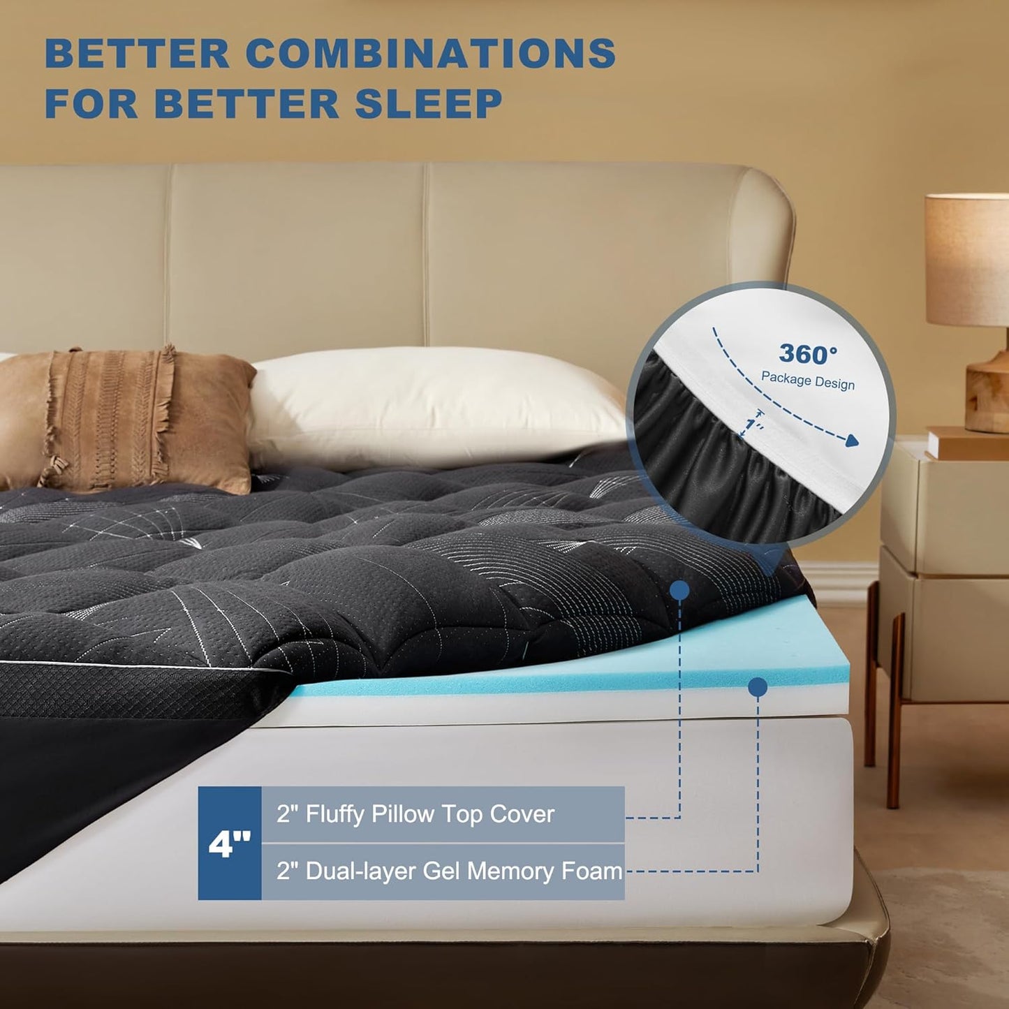 Bedlore 4-Inch California King Mattress Topper for Back Pain - Dual Layer Medium Support (2" Gel Memory Foam + 2" Cooling Fluffy Pillow Top Pad), Breathable & Pressure Relief (Gray)