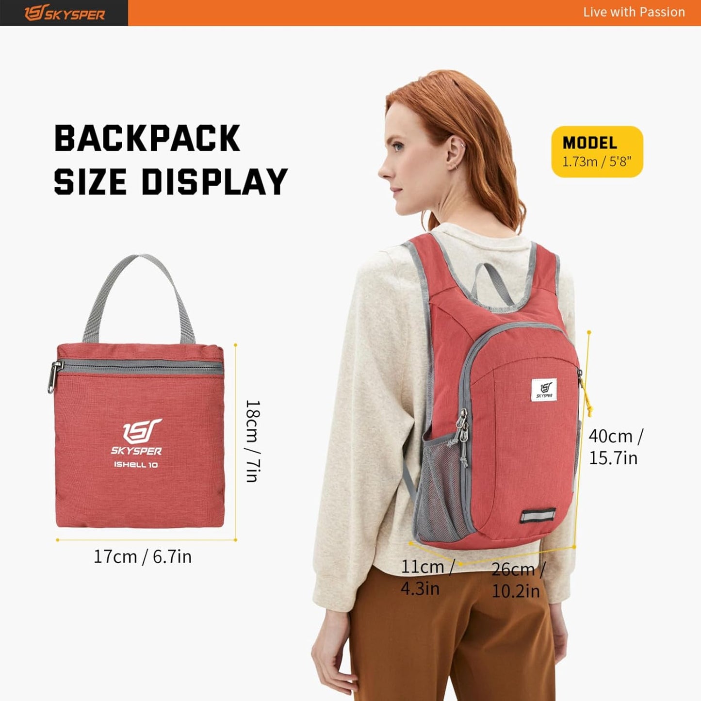 SKYSPER Small Daypack 10L Hiking Backpack Packable Lightweight Travel Day Pack for Women Men