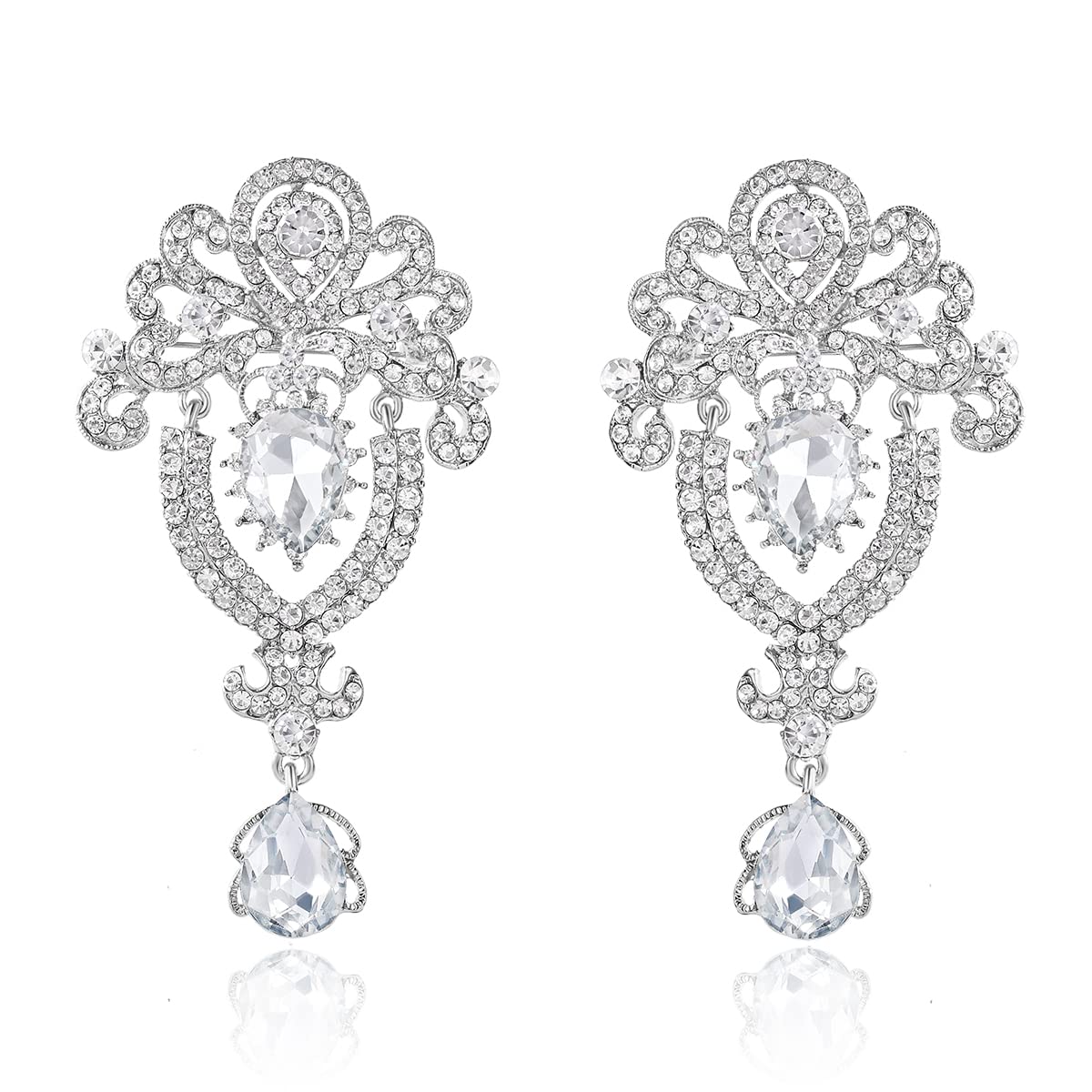 MEEDOZ 2 Pieces Crystal Rhinestone Marquise Pear-Shaped Teardrop Flower Brooch Pin Set for Women DIY Bridal Wedding Bouquet Kit (Silver-02)