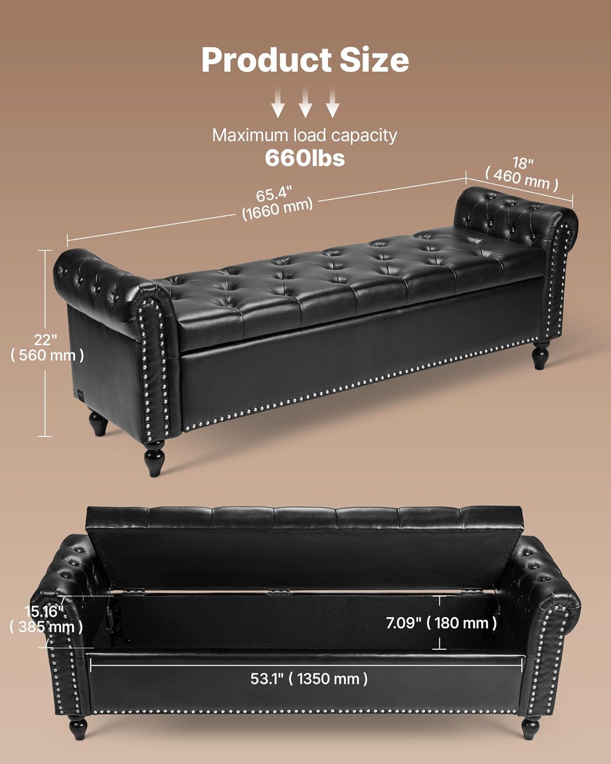 VEVOR Button-Tufted Storage Ottoman Bench, Rolled Arm PU Leather Bench with Solid Wood Legs, Modern Shoe Benches Seat for Entryway, Upholstered End of Bed Benches for Living Room, Dining Room, Black
