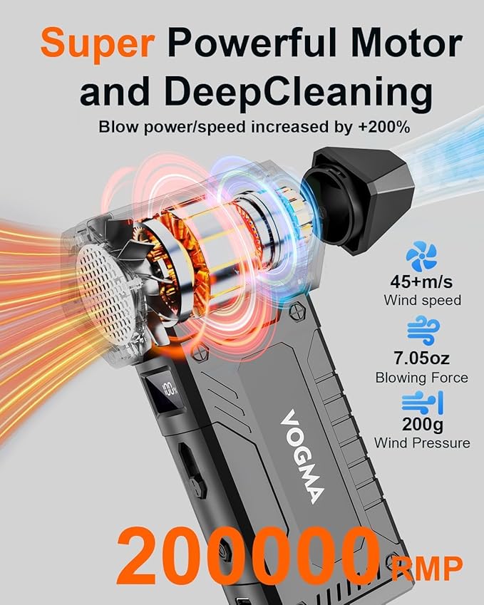 Compressed Air Duster,8 Gear Adjustable 200000RPM Electric Air Duster with HD Display,Rechargable Air Blower/Snow Blower with Brusheless Motor,Jet Dry Blower Replace Canned Air for PC, Keyboard