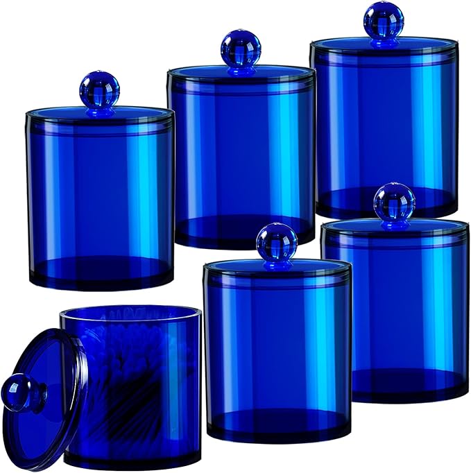 SheeChung 6 Pack Qtip Dispenser Apothecary Jars Bathroom with Labels - Qtip Holder Storage Canister Clear Plastic Acrylic Jar for Cotton Ball,Cotton Swab,Cotton Rounds,Floss Picks, Hair Clips (Blue)