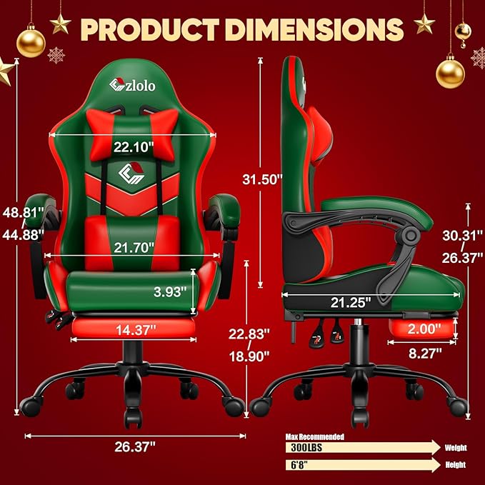 Gaming Chair, Lumbar Support Massage Computer Chair, High Back Gamer Chair, with Footrest and Headrest, Lumbar Pillow, Recline, Wide Seat, Gaming Chairs for Christmas/Birthday Gifts, Green