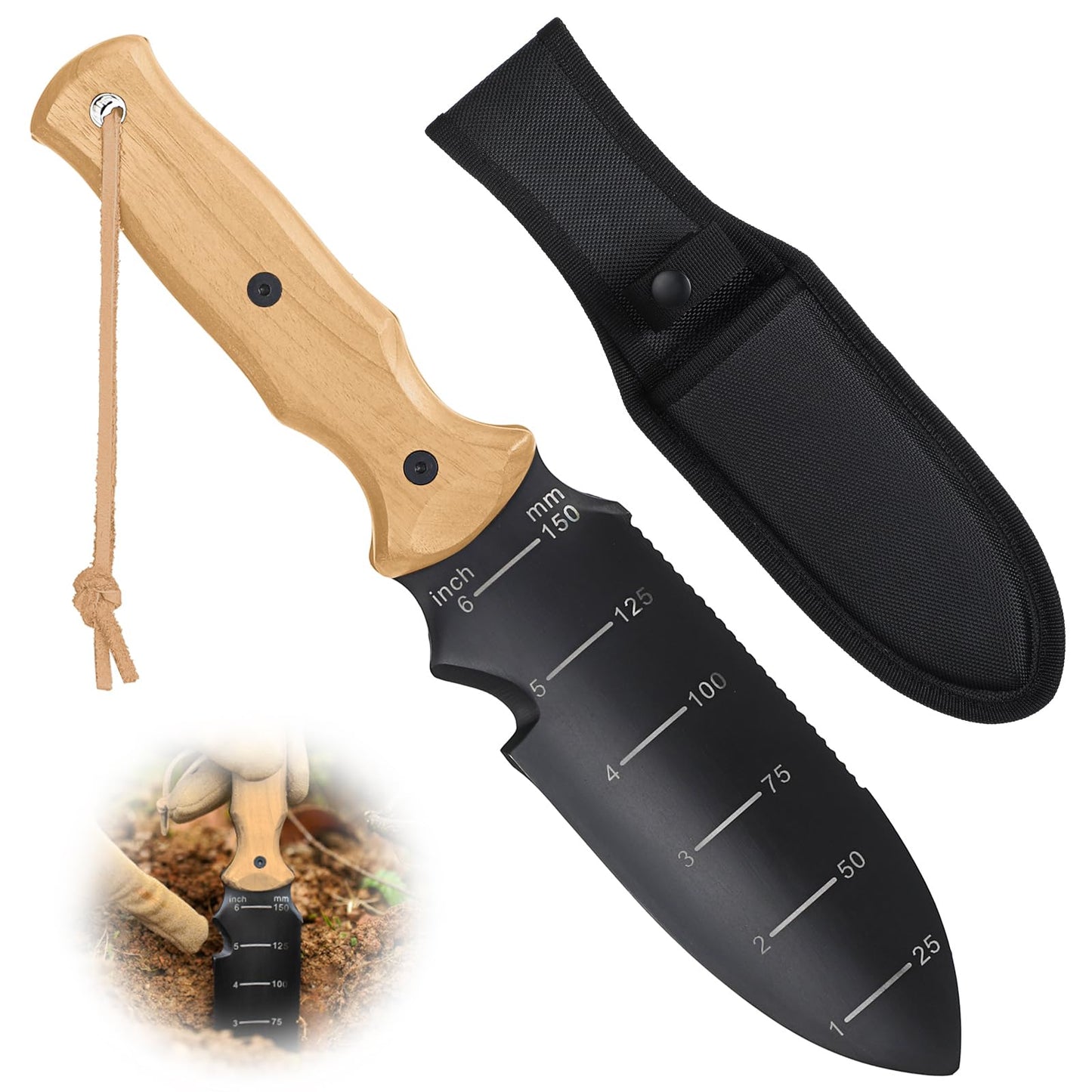 Garden Tools Trowel with EDC Sheath, Gifts for Men Women Mom Dad, Gardening Tools with 7" Stainless Steel Blade, Dual-Scale Measurement, Hanging Hole, Gardening Hand Tools for Weeding Digging Planting