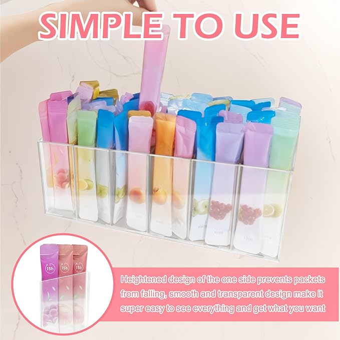Drink Packet Organizer with Removable Divider & 6 Compartment, Mounted Water Packet Organizer with Soft Magnetic and Adhesive Sticker, Water Flavor Packet Storage for Kitchen Pantry Cabinet Fridge