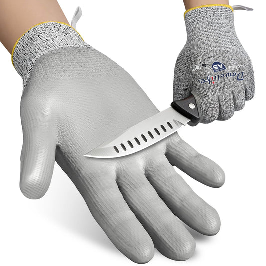 Dowellife Cut Resistant Work Gloves for Men & Women - ANSI A5 & EN388 Level 4, Breathable PU Coated, Grey Non-Marking - for Gardening, Fishing, Automotive, Construction, Wood Carving (Large, Grey)