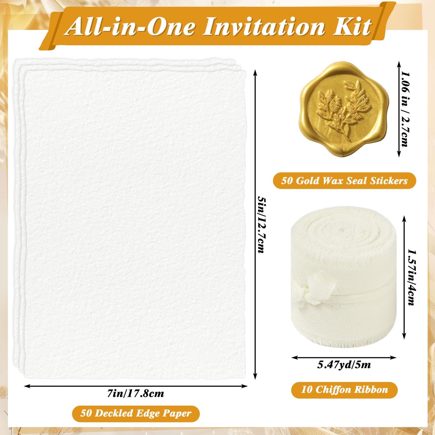 Prudiut 50 Sets Wedding Invitation Kit, 5x7 Handmade Paper, 300GSM Watercolor Paper, Self Adhesive Gold Wax Seal Stickers and 10 Rolls Chiffon Ribbon for Wedding Invitations Cards Craft DIY