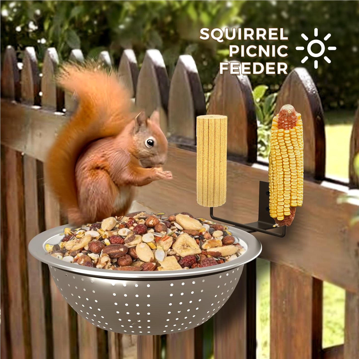 Ofasixx Squirrel Feeder with Metal Drainage Bowl, Squirrel Feeders for Outside, 8.5" Removable Bowl Easy to Clean/Refill, 2 Squirrel Corn Cob Spikes for Various Food, Tree/Fence Mount,Notebook(Brown)