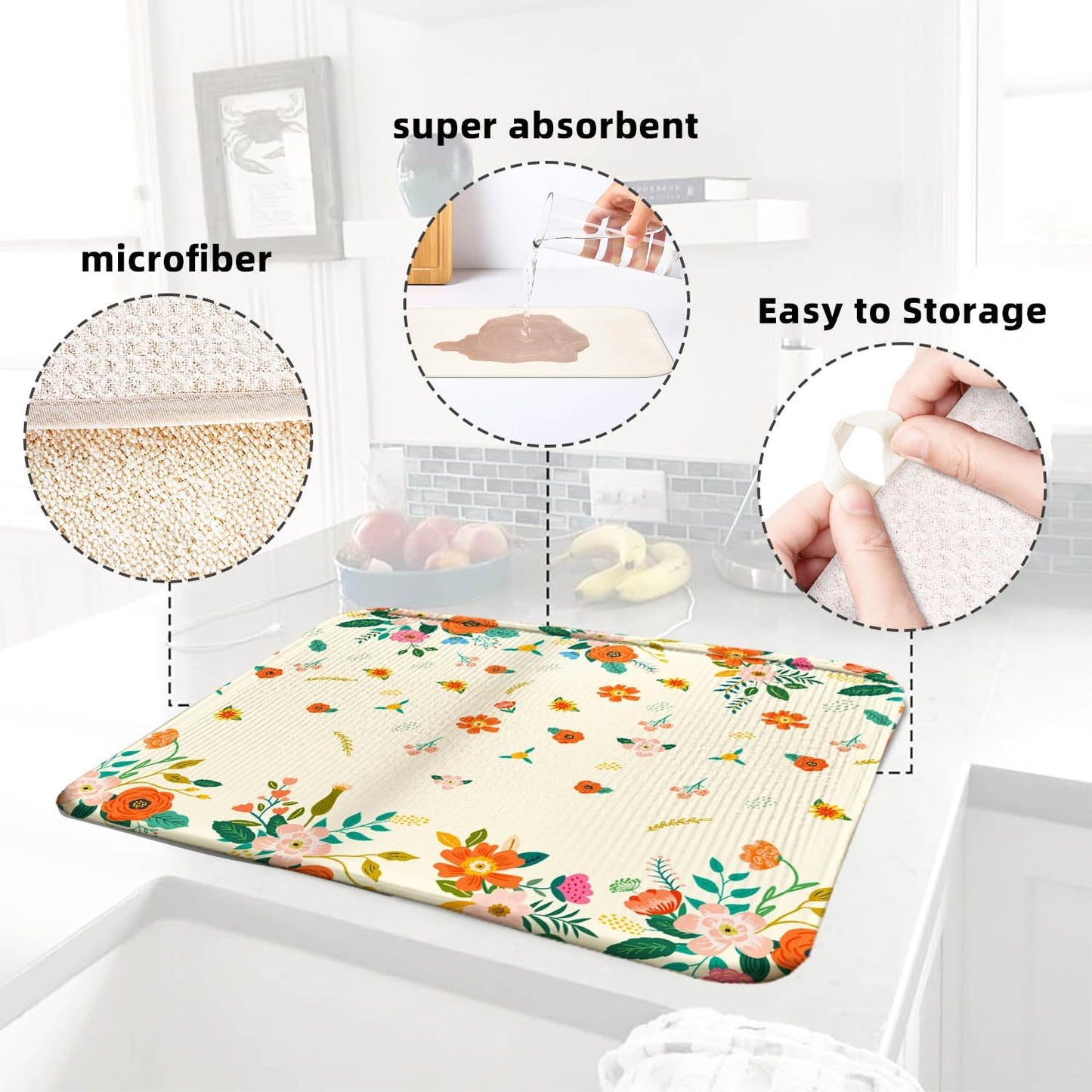 Yellow Floral Large Dish Drying Mats, Reversible Dish Drying Pads for Kitchen Counter Hanging on the Wall,18"x24" Extra Large Draining Mat Protect for Kitchen,Bar Counter,Coffee Make