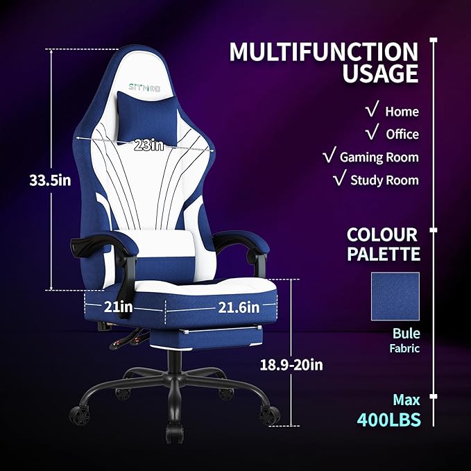 Gaming Chair, Ergonomic Computer Chair with Footrest, Big Tall PC Gamer Chair with Headrest and Massage Lumbar Support, 360° Swivel Height Adjustable Fabric Video Office Chairs for Adults (Blue)