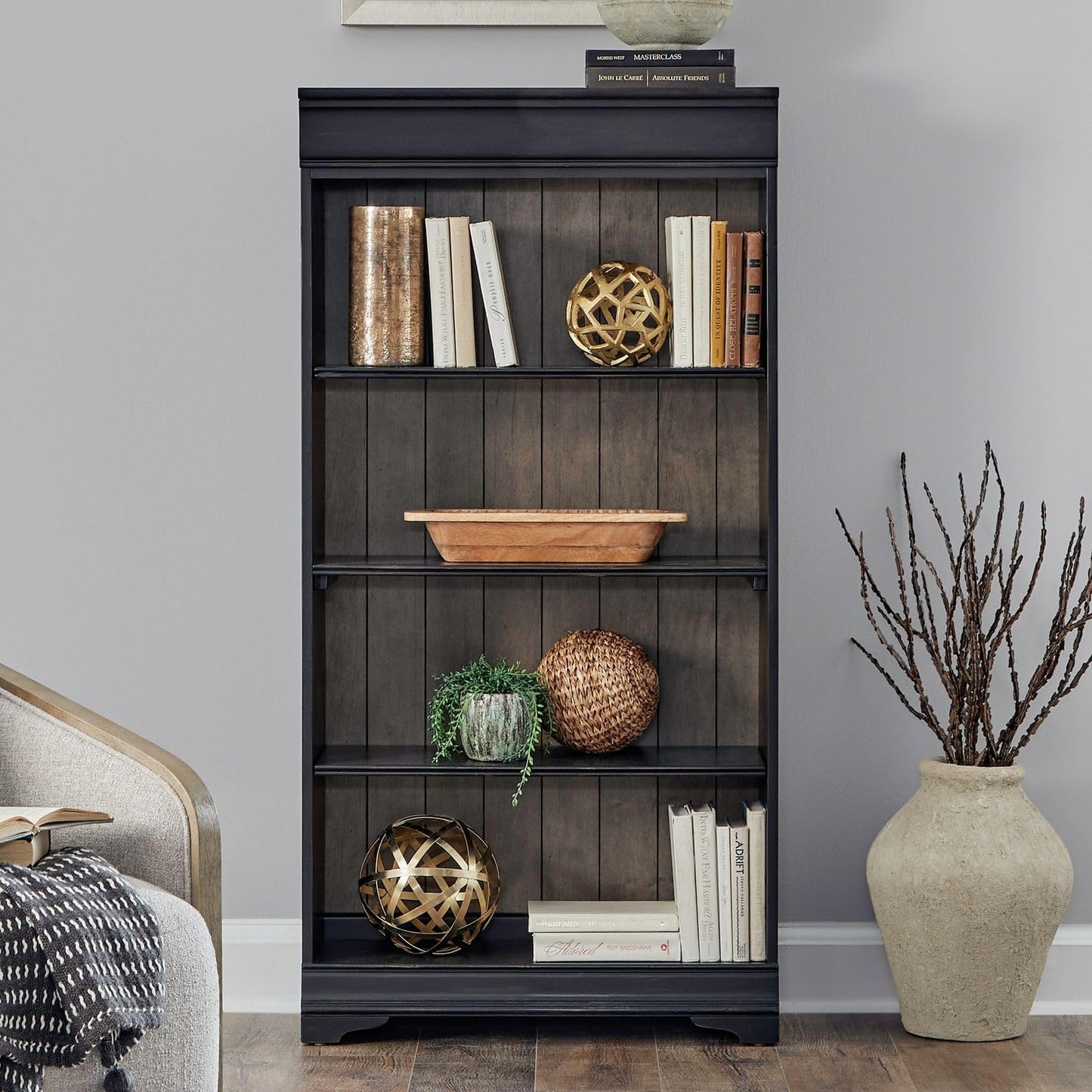 Liberty Furniture Meritage 60 Inch Bookcase for Home Office - Aged Charcoal w/Rub Thru & Caramel