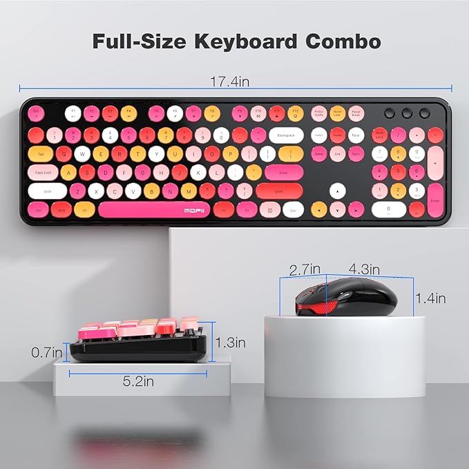 MOFII Wireless Keyboard and Mouse Combo, Black Colorful 2.4GHz Full Size Keyboard with Round Keycaps, Retro Keyboard Cute Wireless Mouse for Laptop, PC, Chromebook, Smart TV, Windows