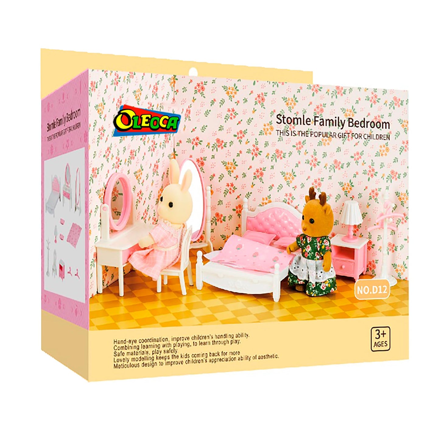 OLEOCA Family Dollhouse Bedroom Set — Bed, Pillows & Bedspread, Vanity with Mirror, Nightstand, Floor Mirror, Chair, Lamp, Coat Rack & Hangers — Dollhouse Furniture & Accessories for Ages 3+