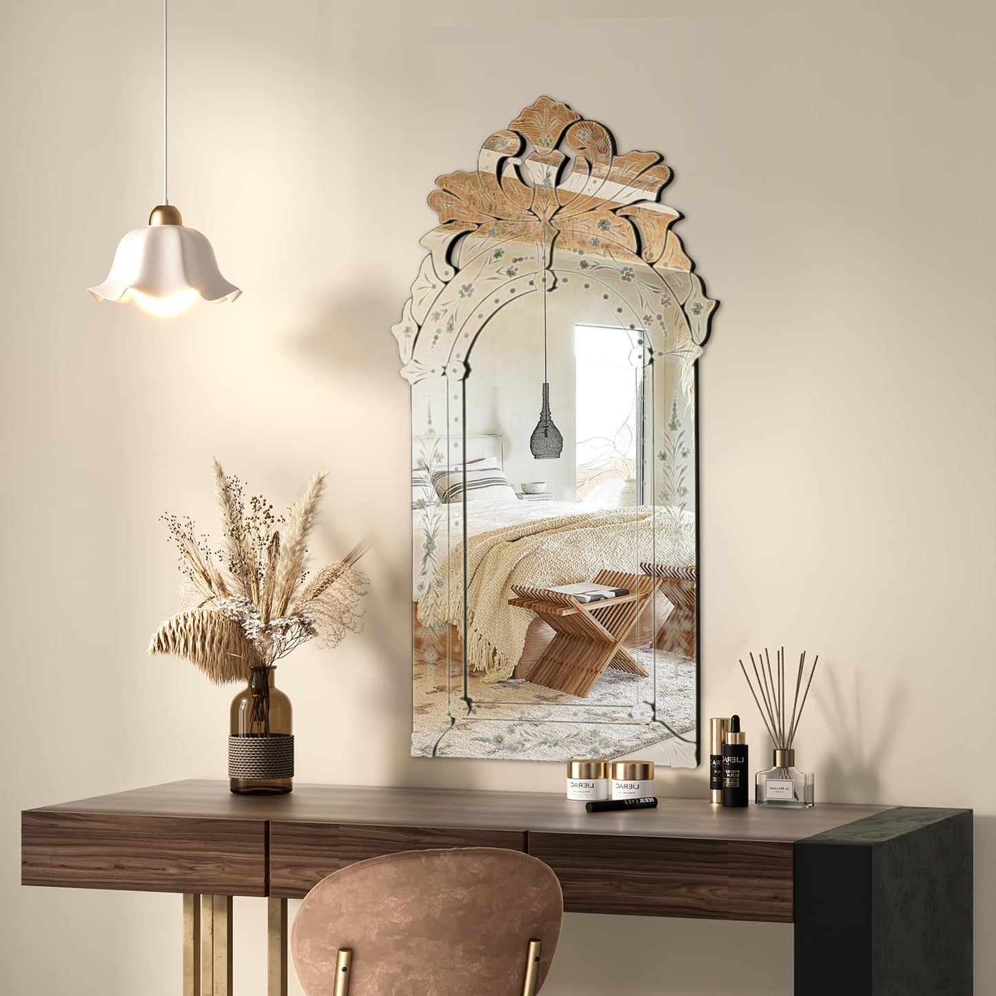 KOHROS Bathroom Vanity Mirror with Floral Etched 40" x 21" Decorative Wall Mirror Frameless Beveled Edge Bathroom Mirror for Vanity Bedroom