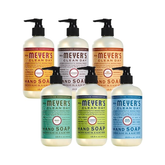 Mrs. MEYER'S Clean Day Liquid Hand Soap 6 Pack Variety Pack, Clementine, Basil, Lavender, Rain Water, Oat Blossom, Lemon Verbena, 12.5 OZ Each, 1 CT